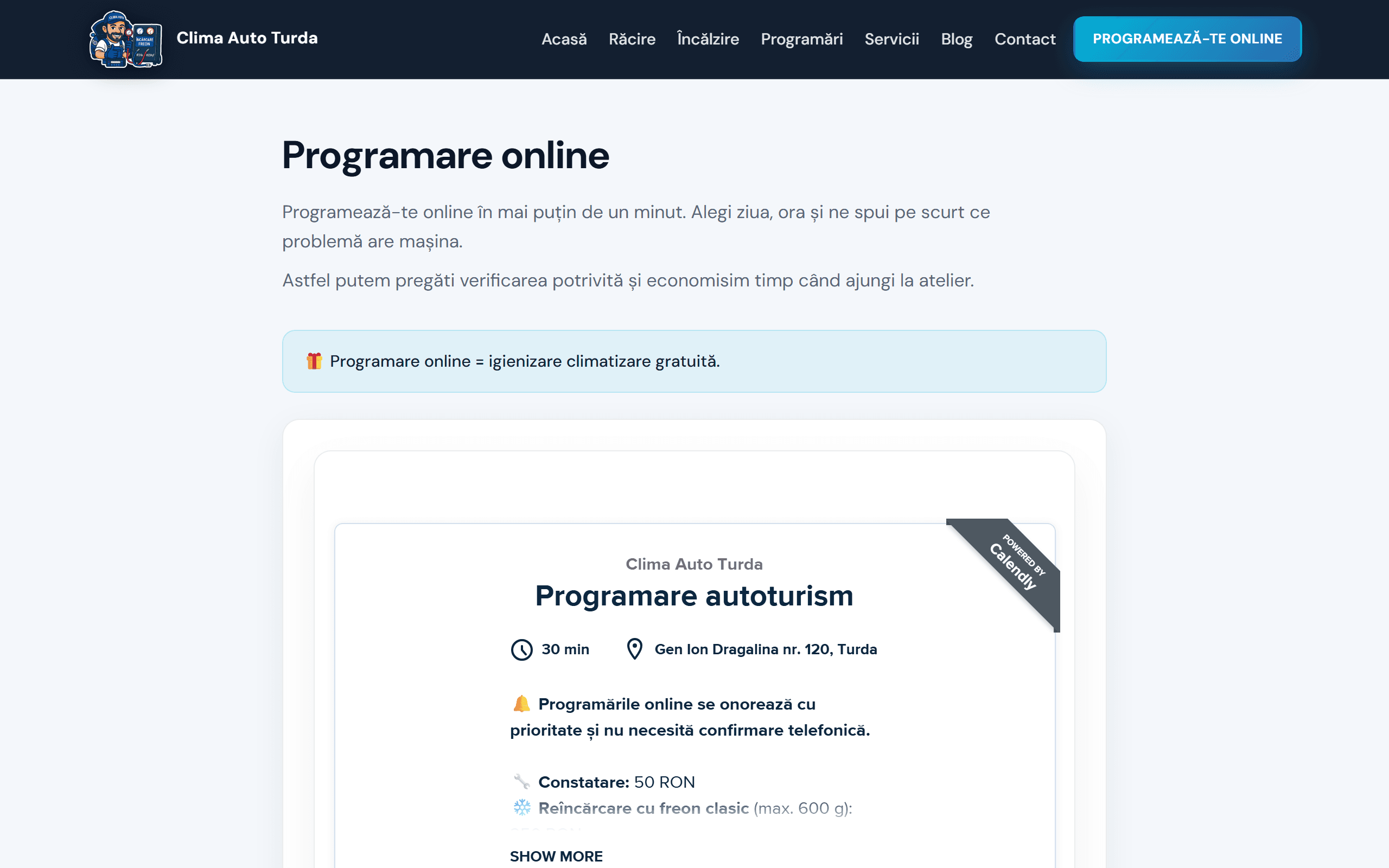 Previzualizare Site + programări online — service climatizare auto, Turda